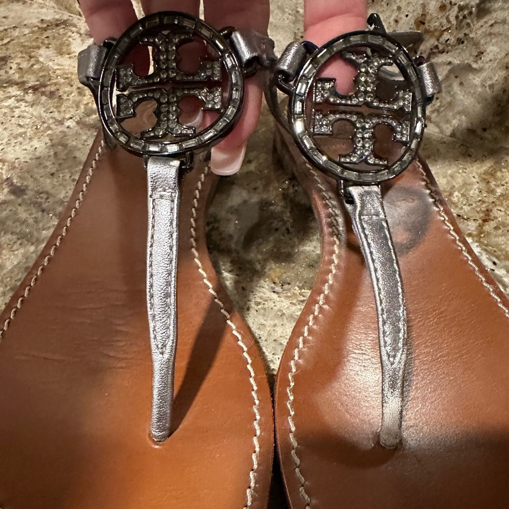 Tory Burch metallic sandals size 6.5 6 1/2 silver rhinestones